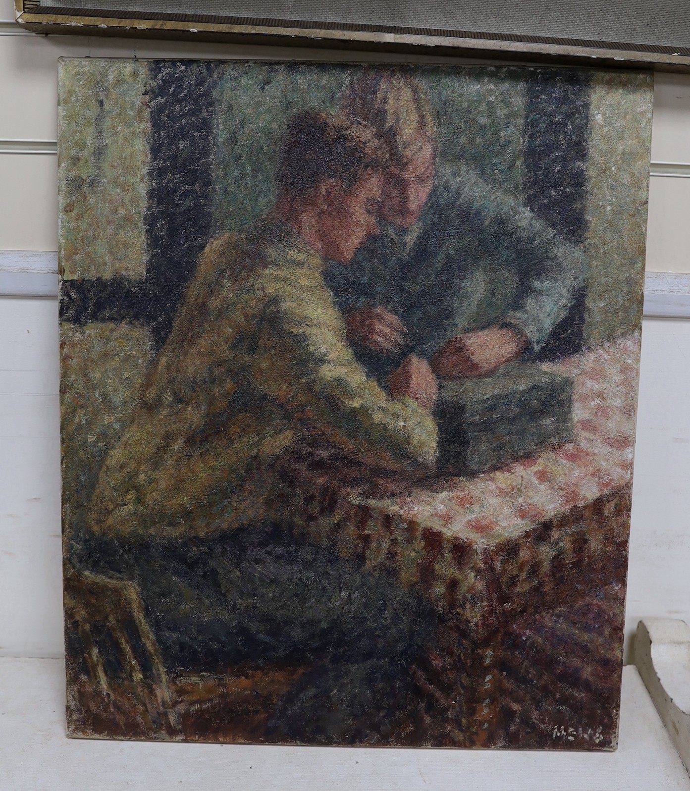 Modern British, oil on canvas, impressionist style, two boys seated at a table playing, signed Mews, unframed, 61 x 51cm
